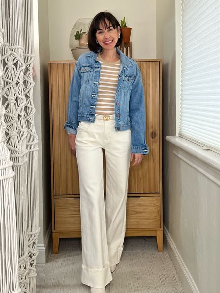 Cream jeans trending for 2024. Wear them now with neural ivory striped sweaters and tops like this one under $20