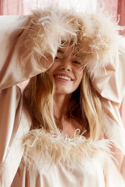 Feather Trim Satin Longline Robe | Nasty Gal (US)