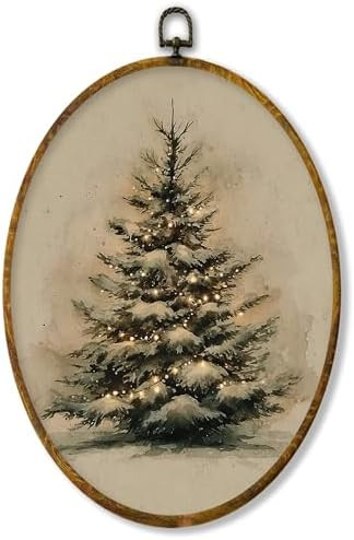XPH Vintage Christmas Tree Oval Wall Art Framed, Rustic Christmas Winter Tree Oval Wall Decor, Fa... | Amazon (US)