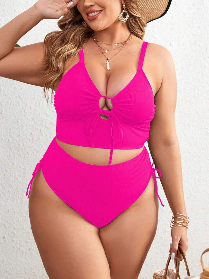SHEIN VCAY Plus Summer Beach Tie Front Spaghetti Strap High Waisted Vacation Curve Bikini Set, Pl... | SHEIN