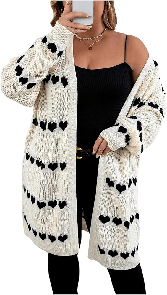MakeMeChic Women's Plus Size Casual Open Front Duster Cardigan Sweater Heart Printed Long Sleeve ... | Amazon (US)