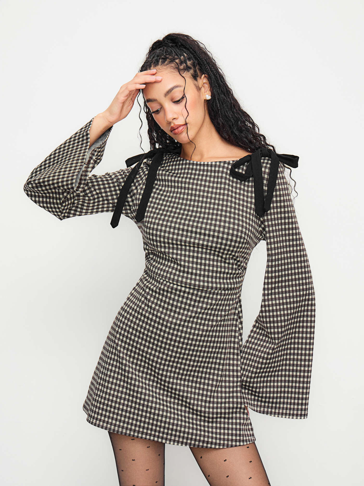 Knit Fabric Cotton-blend Boat Neck Gingham Bowknot Ruched Mini Dress For School | Cider