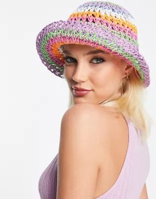 ASOS DESIGN packable crochet straw bucket hat and size adjuster in rainbow | ASOS (Global)