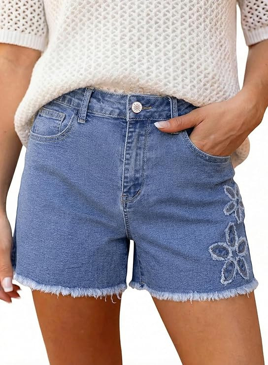 Dokotoo Womens Jean Shorts Floral Embroidered High Waisted Casual Stretchy Raw Edge Hemline Denim... | Amazon (US)