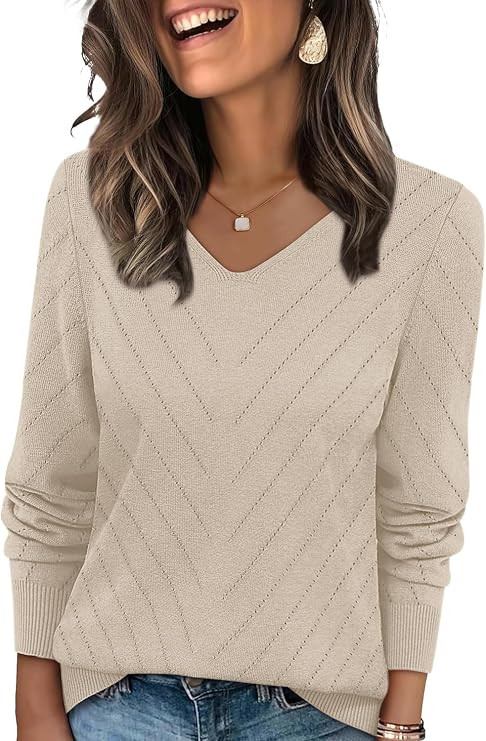 WIHOLL Sweaters for Women V Neck Casual Knit Long Sleeve Tops Lightweight Pullover Clothes Fall F... | Amazon (US)