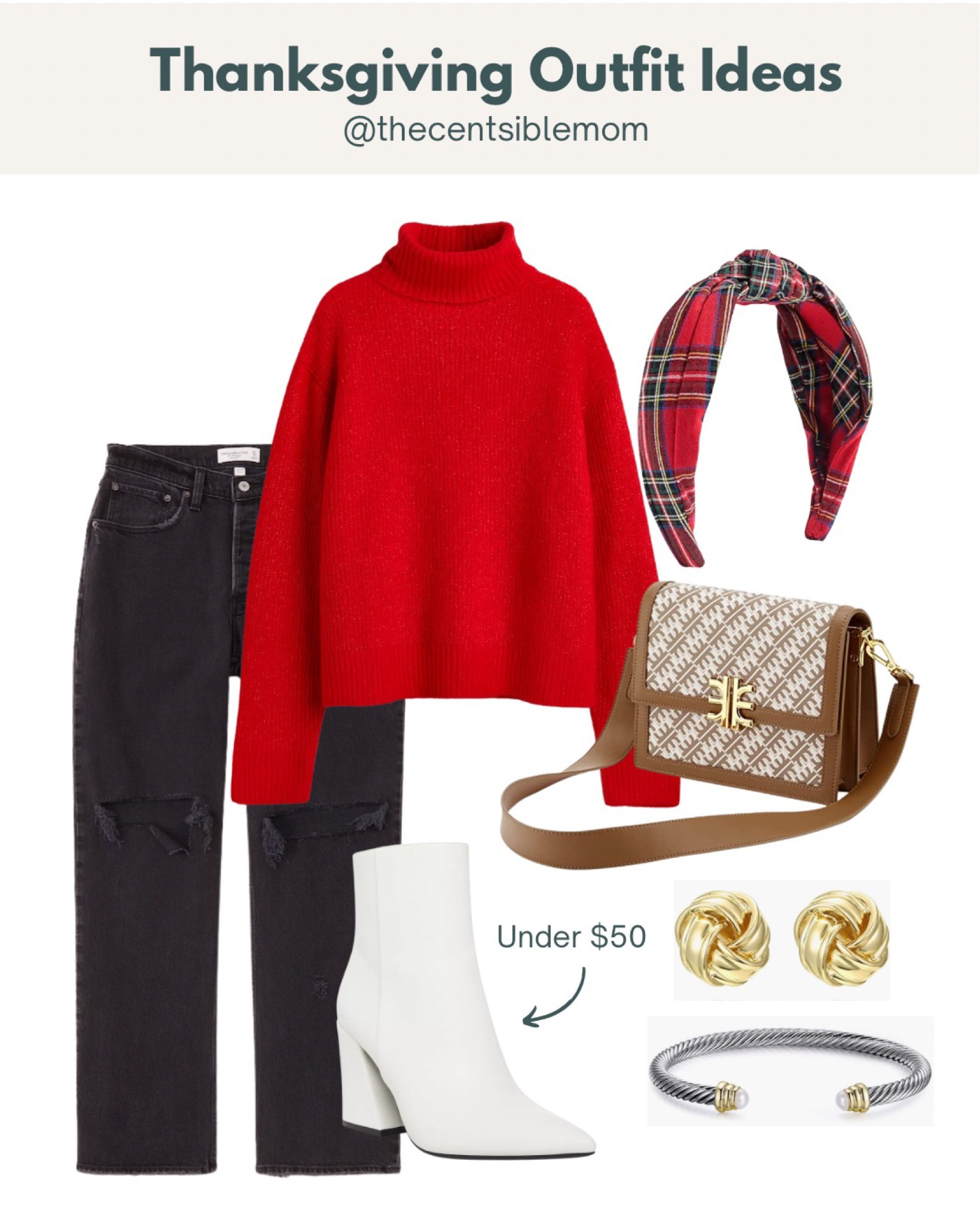 Thanksgiving outfit ideas. Womens red sweater. Red turtleneck. Black jeans. Abercrombie jeans. White booties. David yurman dupe. Plaid headband. Amazon jewelry. Amazon shoes.  Christmas outfit. 

#LTKunder50 #LTKSeasonal #LTKHoliday