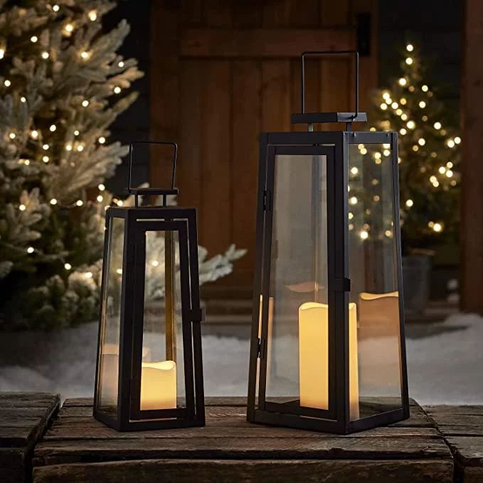 Lights4fun, Inc. Set of Two Black Metal Battery Operated LED Flameless Candle Lanterns | Walmart (US)