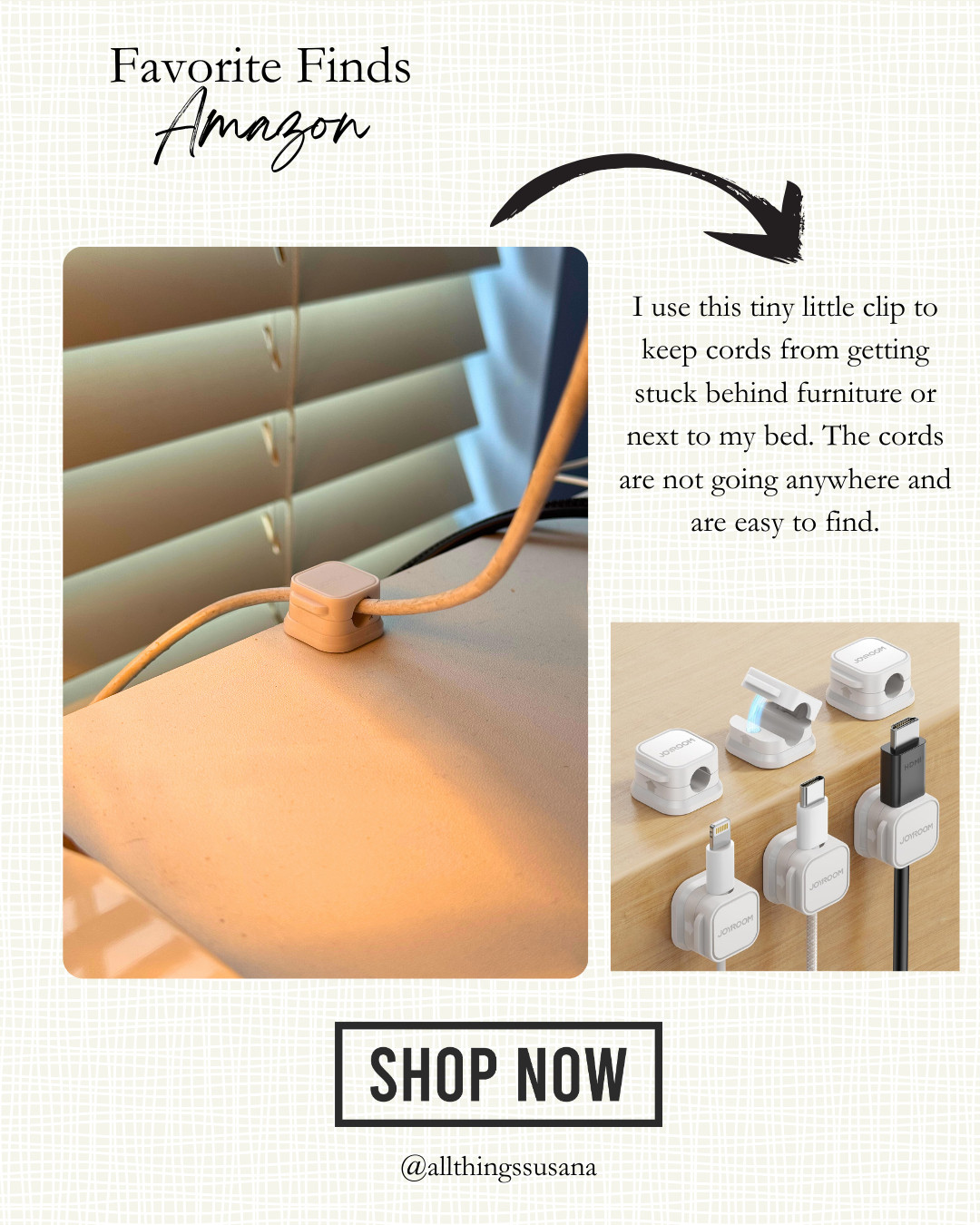 I use this tiny little clip to keep cords from getting stuck behind furniture or next to my bed. The cords are not going anywhere and are easy to find.  

 #LTKHome