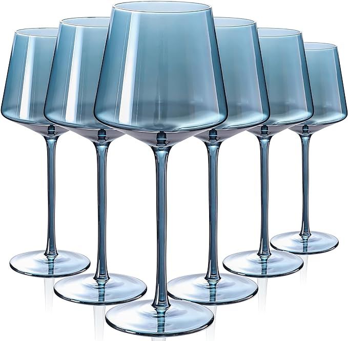 Physkoa Blue Wine Glasses Set of 6-14oz Blue Colored Wine Glasses with Tall Long Stem&Flat Bottom... | Amazon (US)