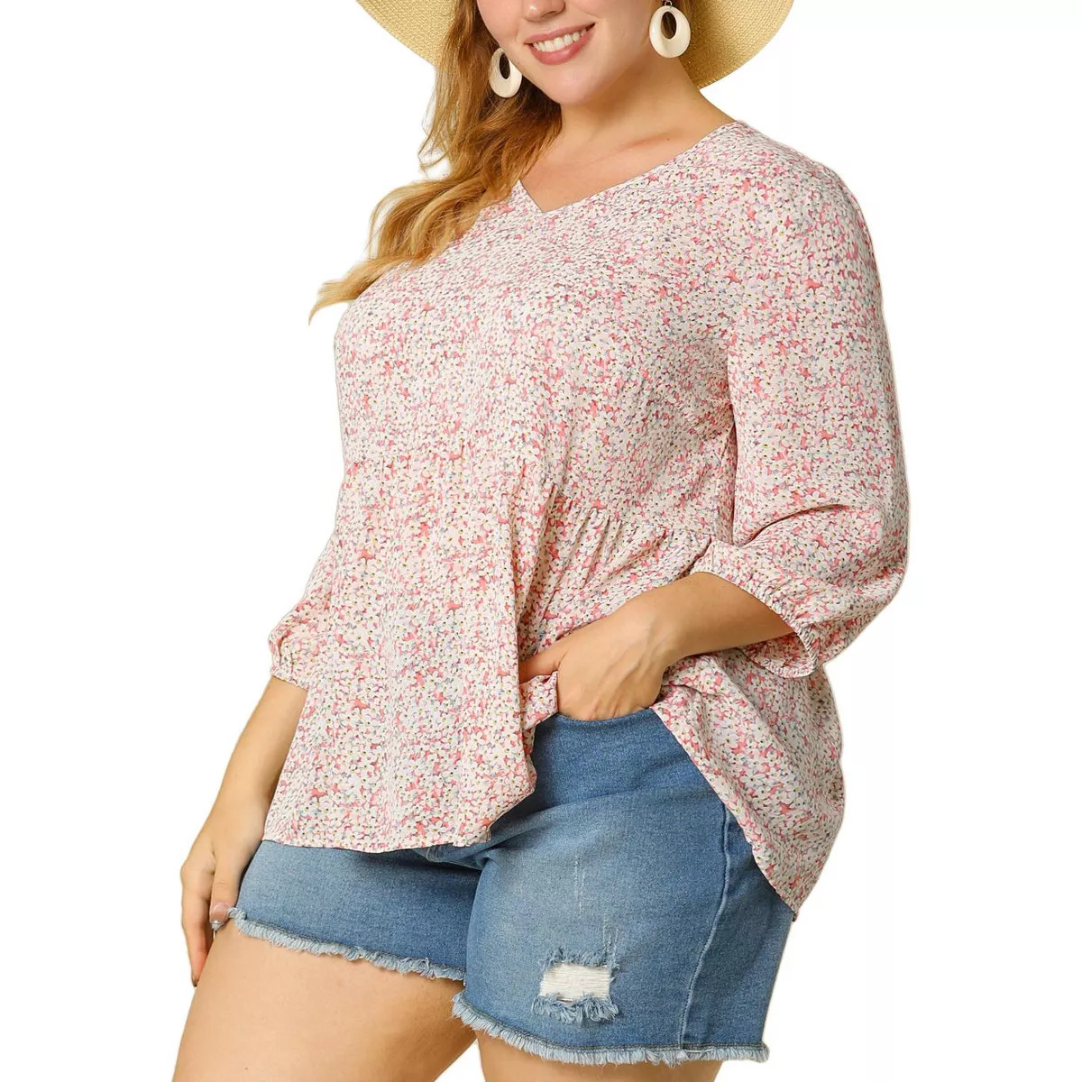 Agnes Orinda Women's Plus Size V Neck Babydoll 3/4 Sleeve Floral Flowy Blouse | Target