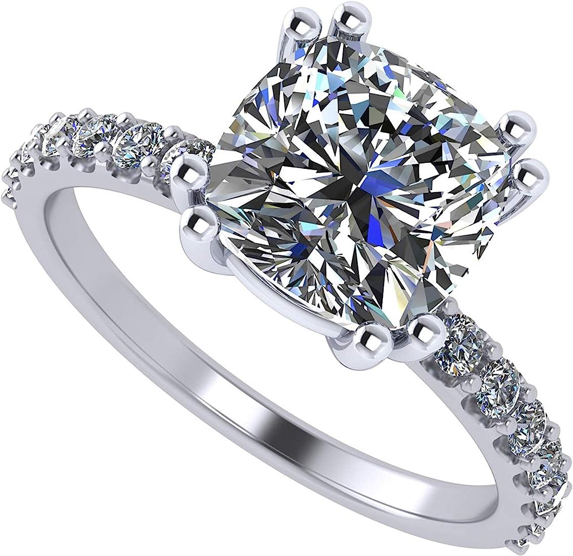 Cushion Cut Solitaire w/ Sides Engagement Ring made w/ Pure Brilliance Zirconia, Sterling Silver ... | Amazon (US)