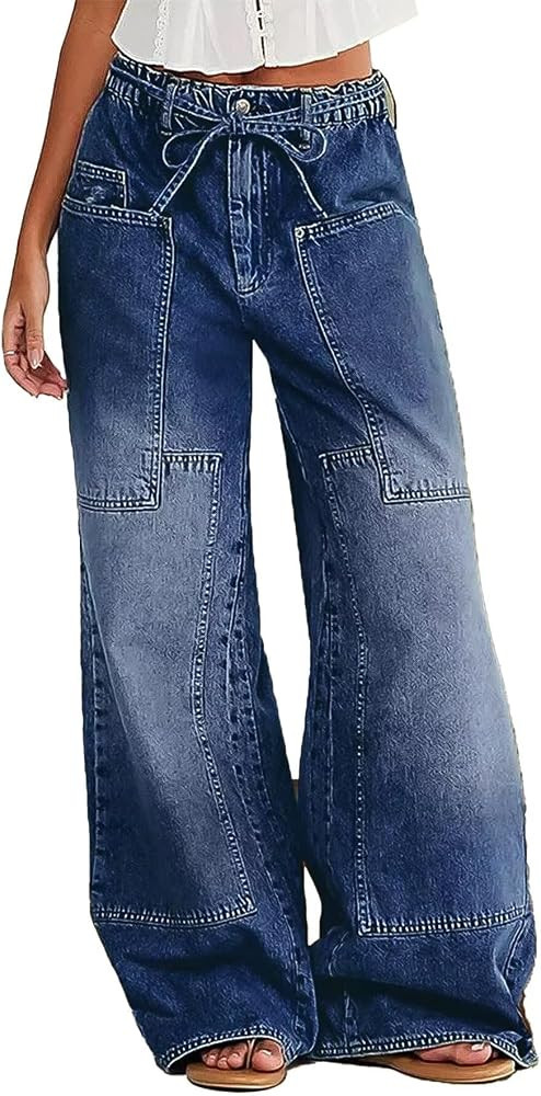 Women Wide Leg Jeans Elastic Mid Waist Belt Baggy Jeans Loose Casual Boyfriend Y2K Denim Pants wi... | Amazon (US)