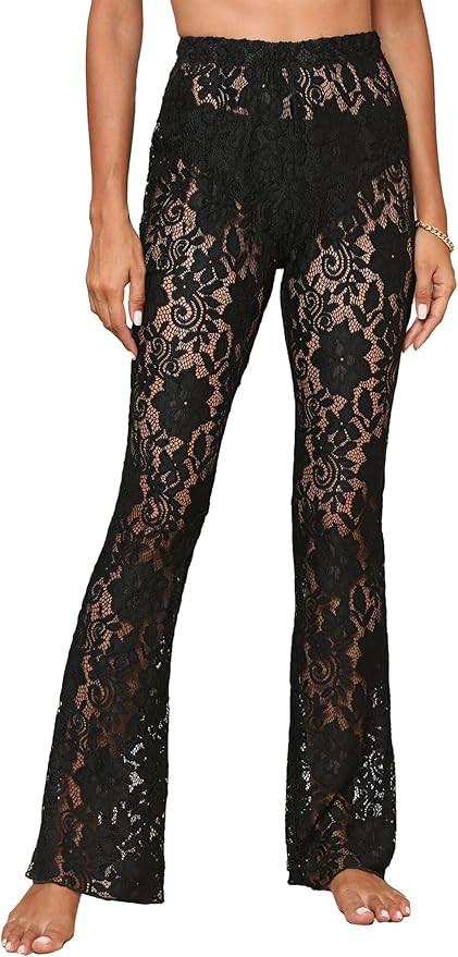Sunloudy Women Lace Bell Pant Sexy See Through Flare Bottom Leggings Hollow Out Mesh Cover Up Tro... | Amazon (US)