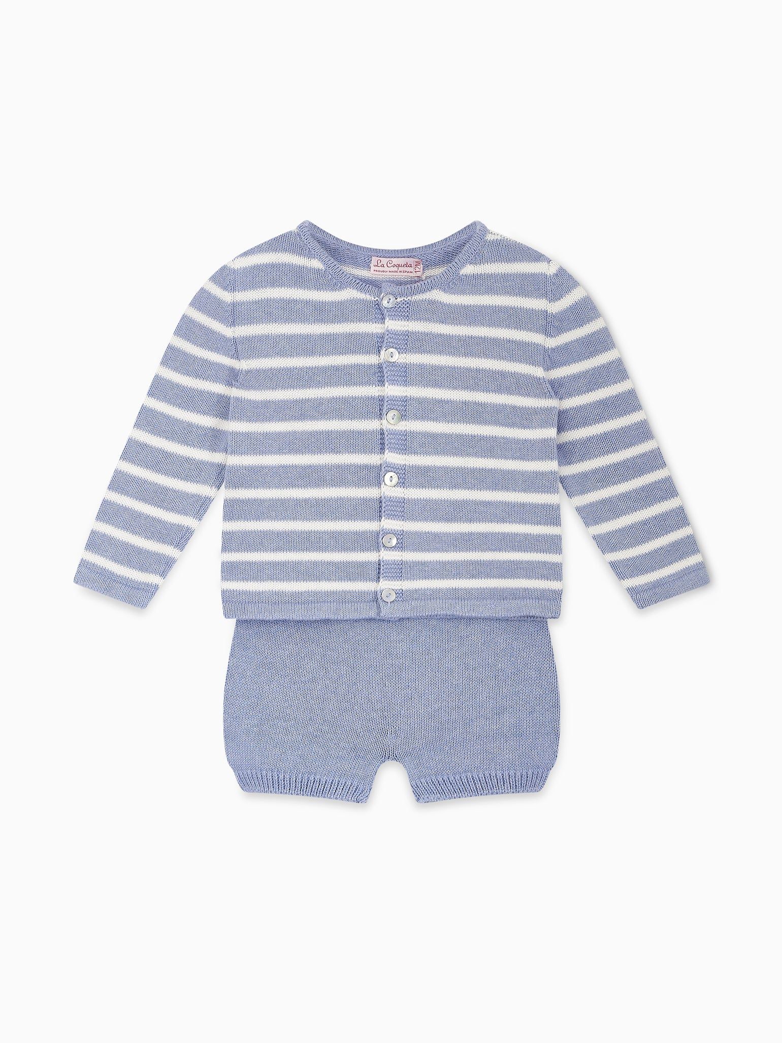 Blue Stripe Laica Cotton Knitted Baby Set | La Coqueta (US)