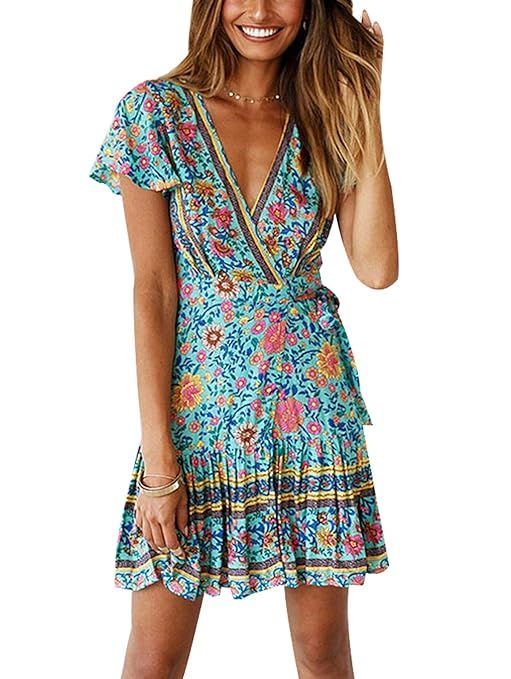 TEMOFON Women's Dresses Summer Bohemian Vintage Floral Printed Ruffle Hem Short Sleeve V-Neck Min... | Amazon (US)