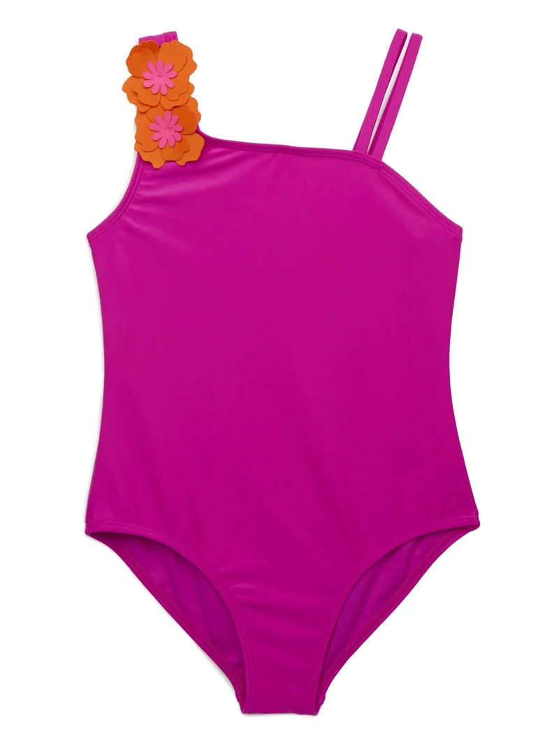 Wonder Nation Girls Floral Applique One-Piece Swimsuit with UPF 50, Sizes 4-16 - Walmart.com | Walmart (US)