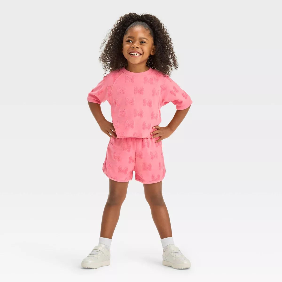 Toddler Girls' Disney Minnie Mouse French Terry Embossed Top and Shorts Set - Pink | Target
