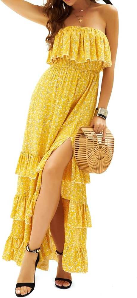 ZMPSIISA Women's Summer Off The Shoulder Maxi Dress Ruffle Strapless Blue White Porcelain Boho Ca... | Amazon (US)