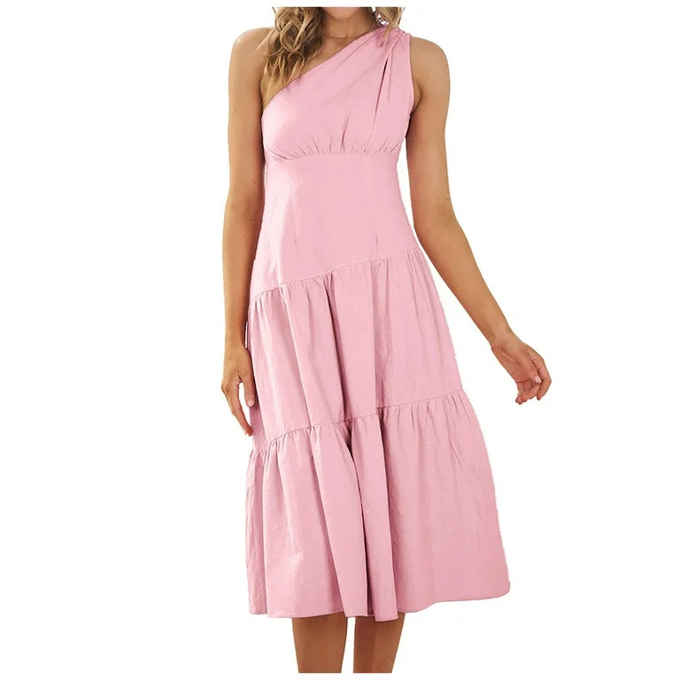 Penkiiy Women's Summer Casual Dress Boho One Shoulder Sloping Shoulders Midi Dress Sleeveless Sol... | Walmart (US)
