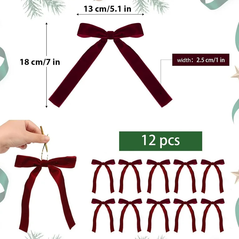 12pcs Burgundy Velvet Bows for Christmas Tree Decorations Wreath Garland Velvet Bows with Twist T... | Walmart (US)