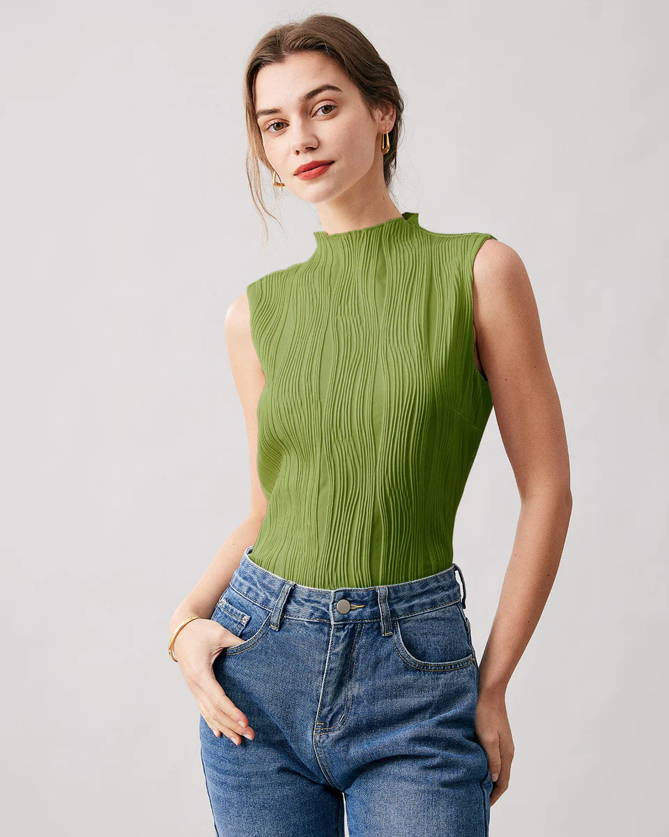 The Green Mock Neck Water Ripple Textured Tank Top | rihoas.com