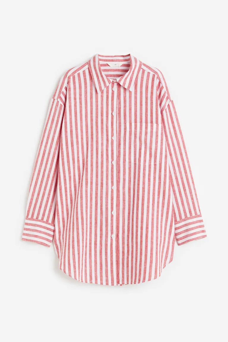 Hemdbluse aus Leinenmischung - Langarm - Lang - Rot/Gestreift - Ladies | H&M DE | H&M (DE, AT, CH, NL, FI)