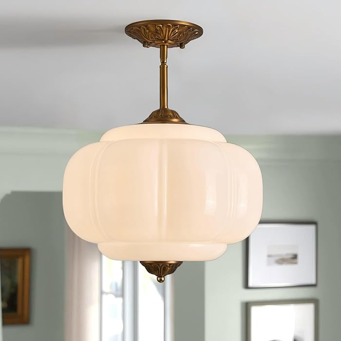 Milk Glass Ceiling Light Fixture, 15" Vintage Semi Flush Mount Pendant Light with Antique Brass F... | Amazon (US)