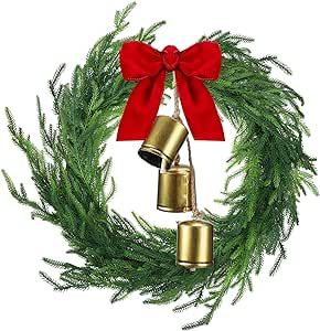 Jutom Realistic Norfolk Pine Wreath with Velvet Ribbon Faux Christmas Norfolk Pine Wreath with 3 ... | Amazon (US)