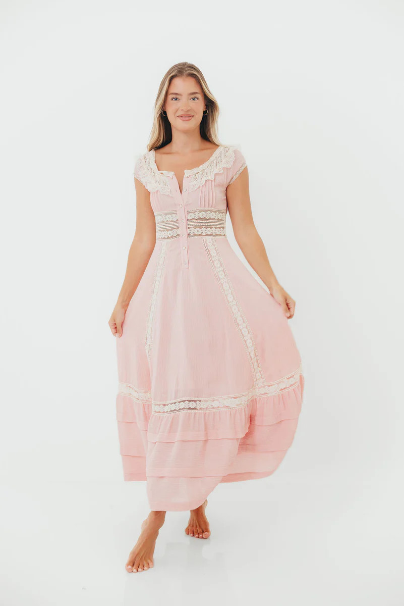 Debby Vintage Inspired Lace Trim Maxi Dress in Pink | Worth Collective