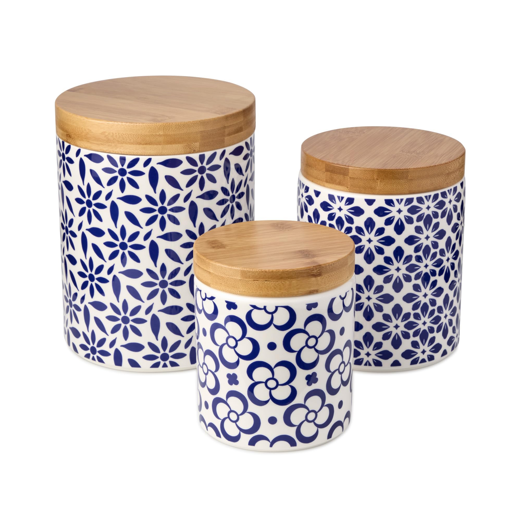 Madison 3pc Canister Set - Premium Porcelain with Bamboo Lids, Blue and White Patterns - Large 96... | Amazon (US)