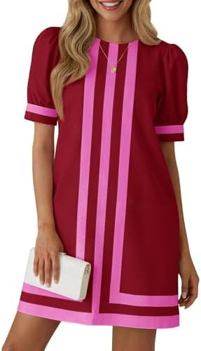 Wenrine Womens Puff Short Sleeve Mini Dress Summer Crewneck Striped Color Block Loose Casual Shif... | Amazon (US)