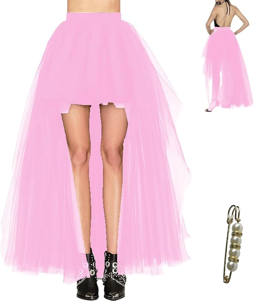 High Low Skirt Long Pink Tutu Tulle Bustle Skirts Elastic Waist Festival Party Gala Prom Skirt for Women | Amazon (US)