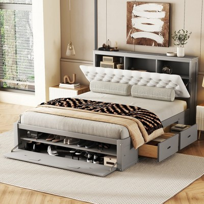 ModernLuxe Queen Size Platform Bed Frame with Upholstered Storage Headboard, Shoe Rack & 4 Drawers, Gray | Target