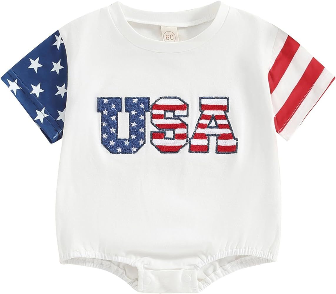 AEEMCEM 4th of July Baby Boy Girl Outfit USA Bubble Romper Oversized Short Sleeve T-Shirt Romper ... | Amazon (US)