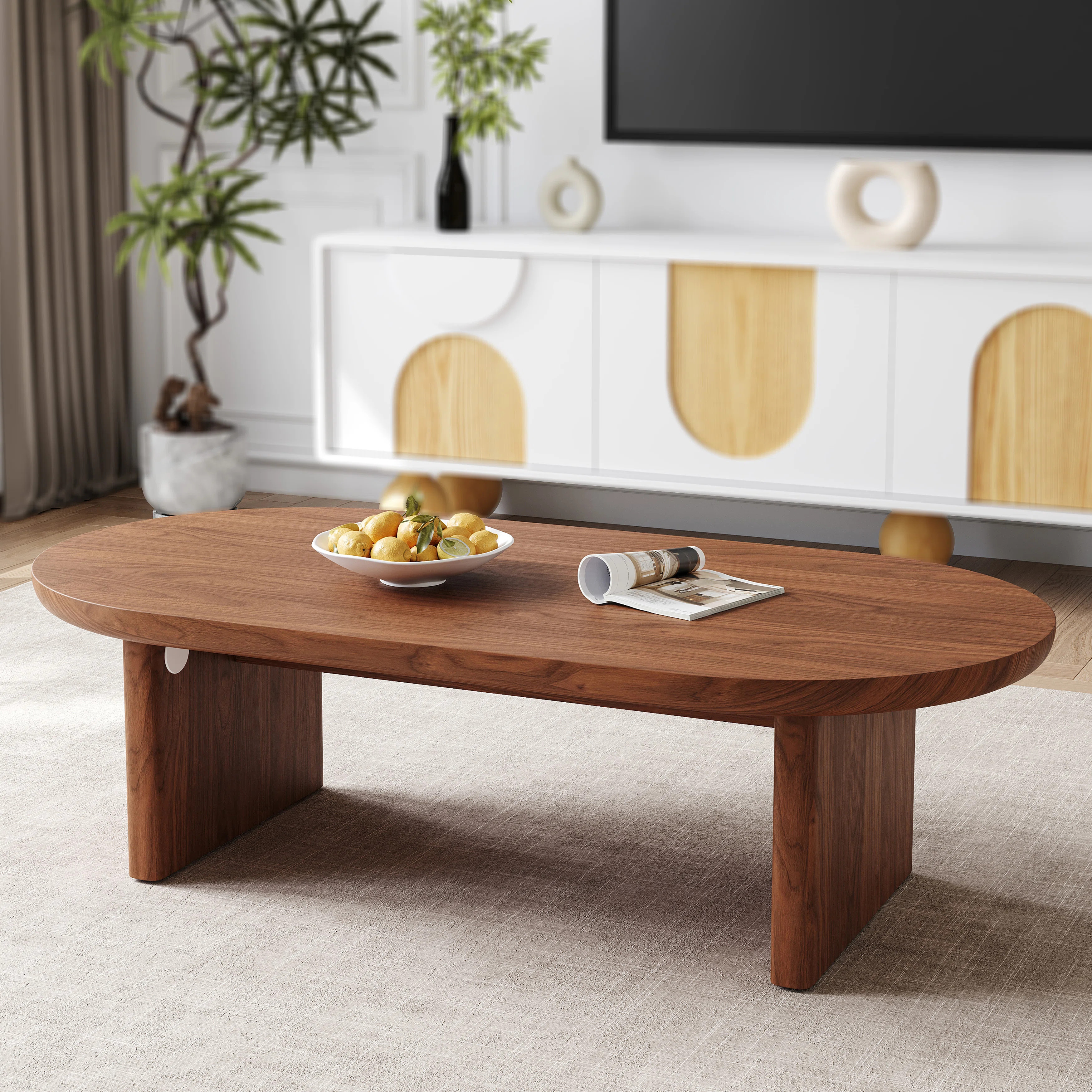 47.2" Oval Walnut Coffee Table, Mid-Century Modern Wooden Coffee Table with Sturdy Base for Livin... | Wayfair North America