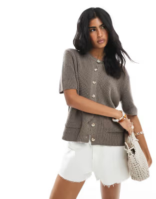 ASOS DESIGN knitted cardigan with patch pockets in mocha | ASOS (Global)