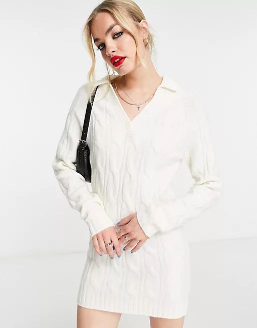 ASOS DESIGN knitted mini sweater dress with open collar in cable in cream | ASOS (Global)