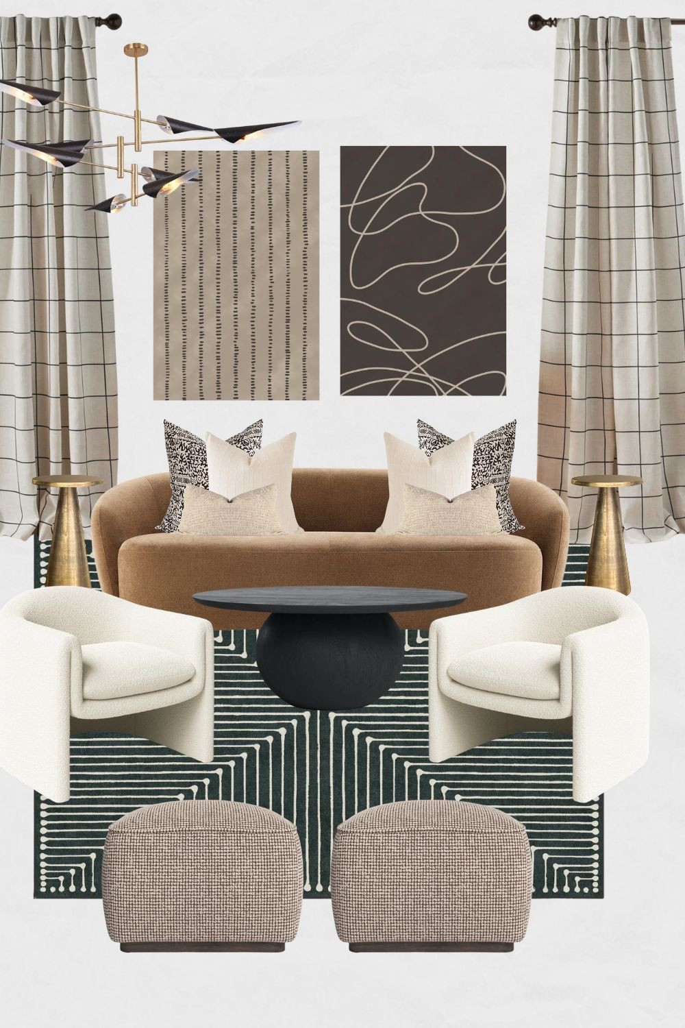 Transitional Living Room Moodboard, Brown and Beige Living Room Design Ideas, Modern Living Room Decor, Brown Couch, Checkered Curtains, Modern Neutral Wall Art, Cream Throw Pillows, Patterned Area Rug

#homedecor #transitionalhome #modernlivingroom #brownlivingroom #beigelivingroom #mcgeelivingroom 

 #LTKHome #LTKSaleAlert