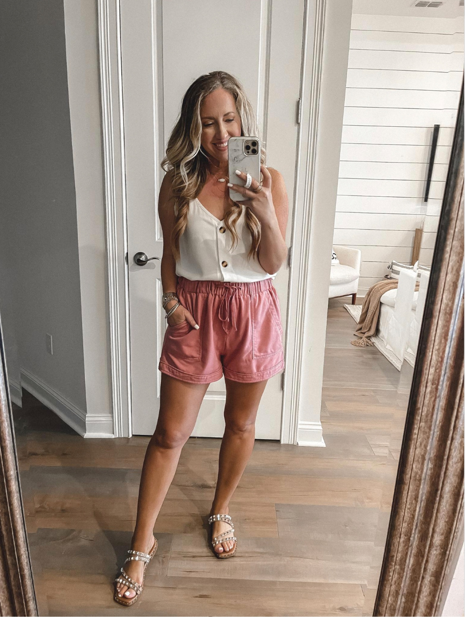 Amazon fashion amazon finds spring outfit pink shorts size medium button down tank vacation outfit 

#LTKunder50