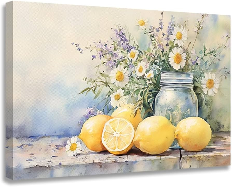 ZQQART Lemon Picture for Wall Kitchen Decor Citrus Fruit Canvas Prints Yellow Lemon and Flower Pa... | Amazon (UK)