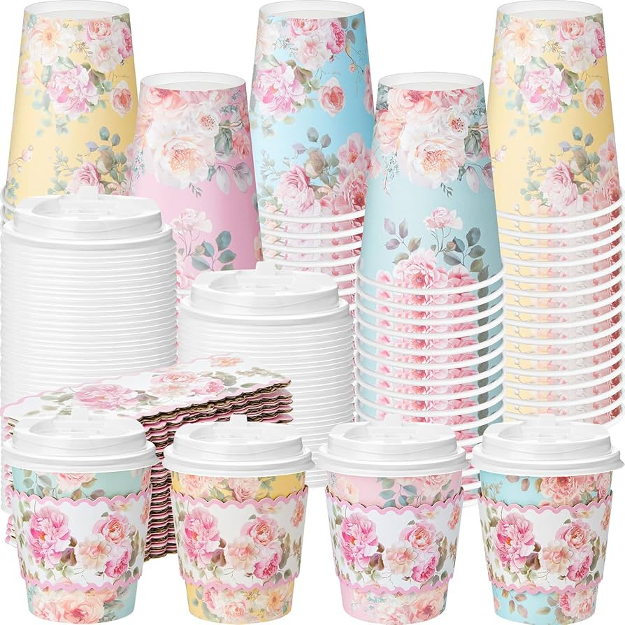 48 Pcs Floral Paper Coffee Cups with Lids and Sleeves Colorful Flower Design Disposable Coffee Cu... | Amazon (US)