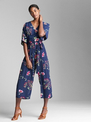 Gap Womens Short Sleeve V-Neck Jumpsuit Navy Floral Size 0 | Gap US