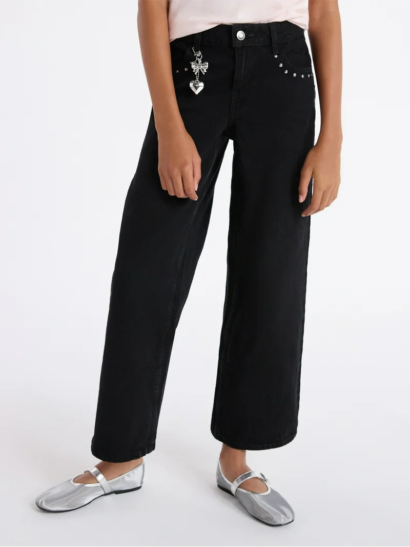 Weekend Academy Girls Baggy Straight Studded Denim Jeans, Sizes 4-18 | Walmart (US)