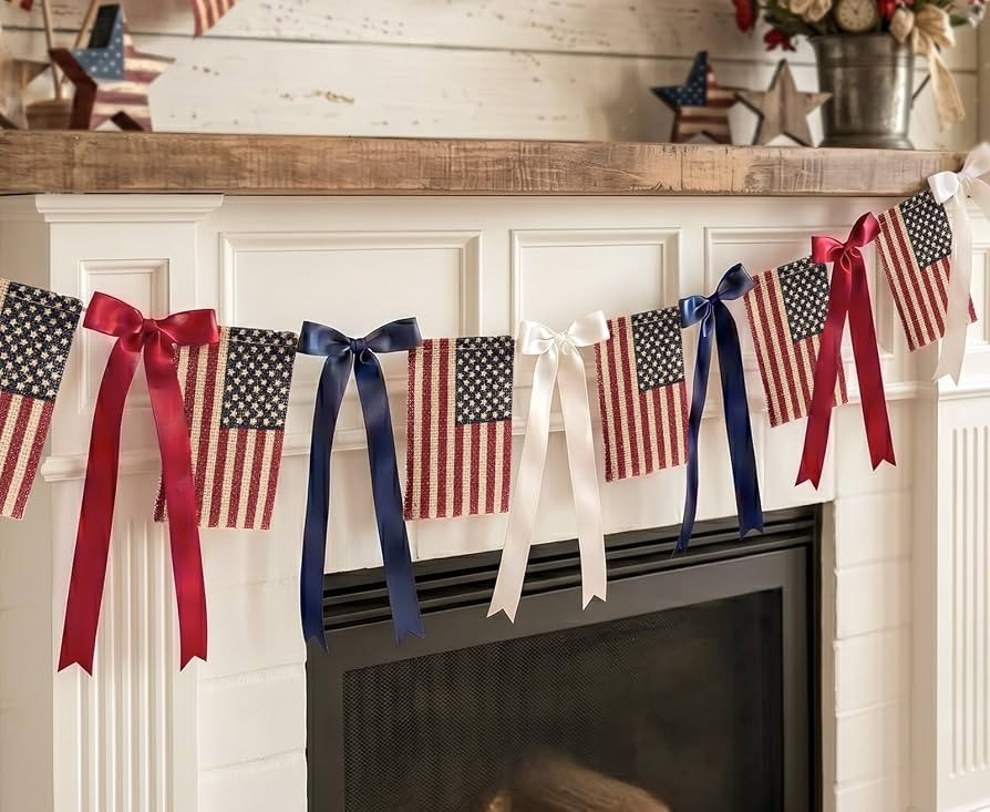 Patriotic Garland 4th of July Decorations, Vintage Americana Flag Garland with Bows, Retro Handma... | Amazon (US)