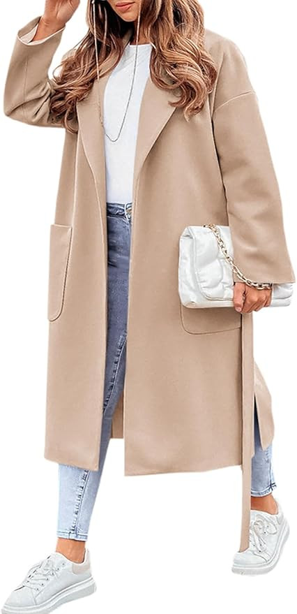 FSHAOES Womens Lapel Collar Pea Coat Open Front Overcoat Belted Long Jacket Outerwear | Amazon (US)
