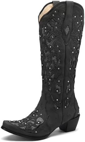 Black Cowgirl Boots for Women Cowboy Boots Western Boots Chunky Heel Pointed Toe Pull On Rhinesto... | Amazon (US)