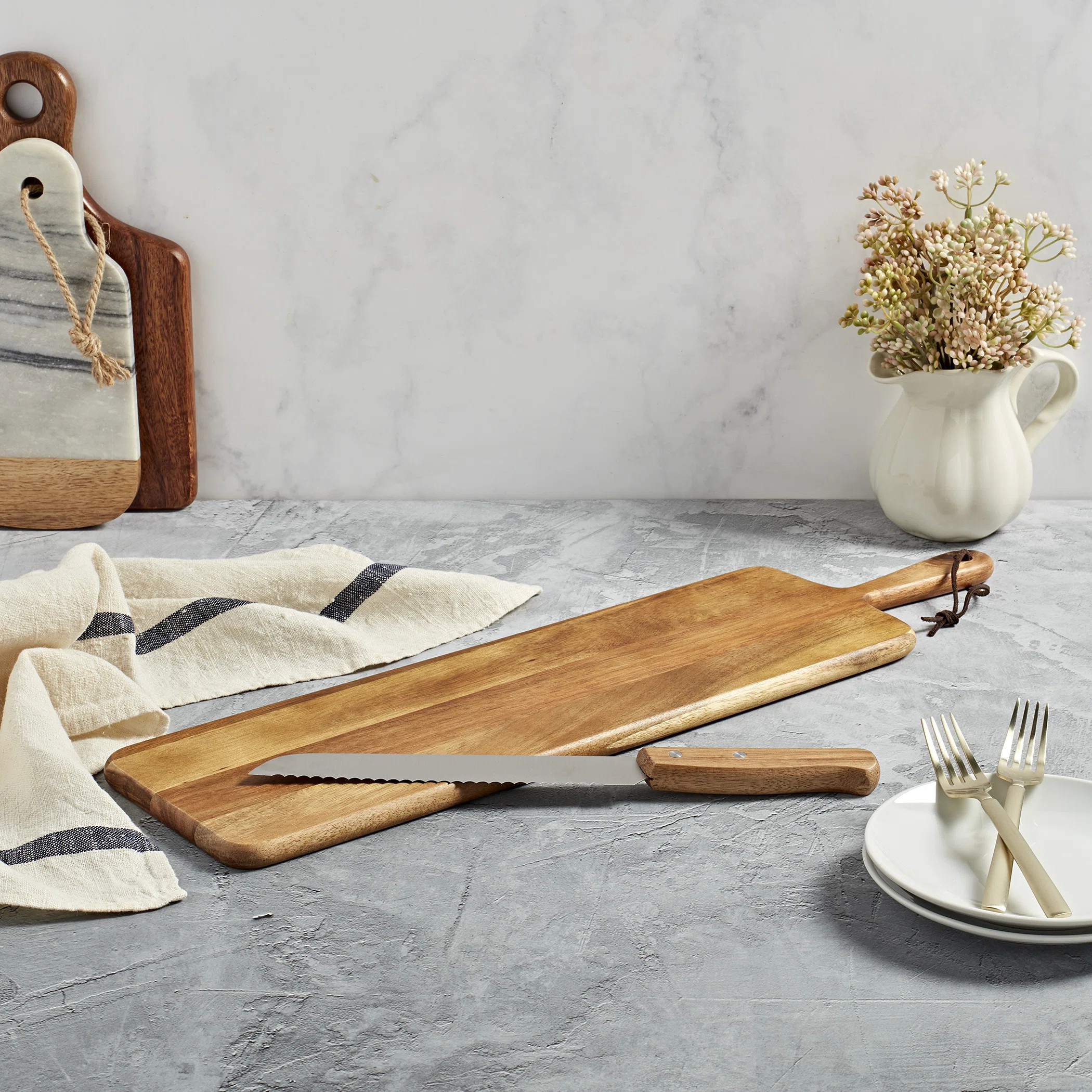 Tabletops Gallery Acacia Wood Rectangular Serving Board Set with Handle and Bread Knife | Wayfair North America
