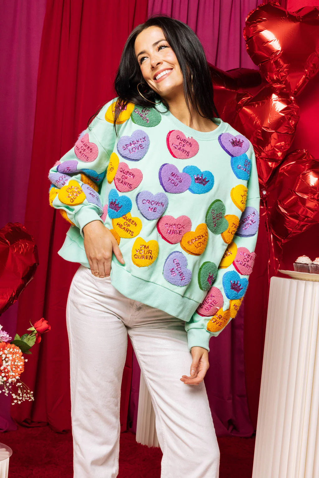 Mint Fuzzy Candy Heart Queen Sweatshirt | Queen of Sparkles