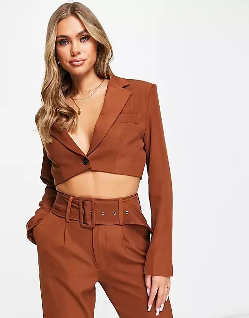 Aria Cove cropped blazer co ord in brown | ASOS (Global)