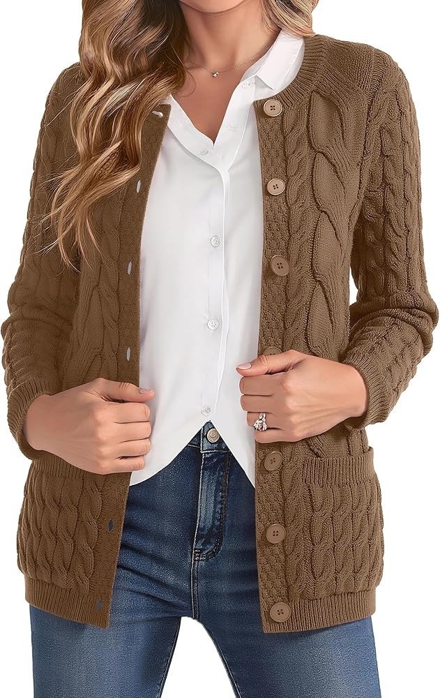 VIISHOW Women Cable Knit Cardigan Sweater Crew Neck Button up Cardigan with Pocket Sweater Coat f... | Amazon (US)